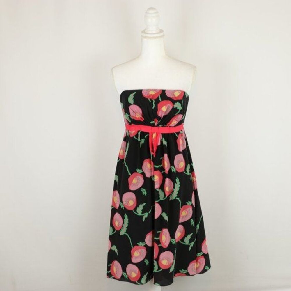 Anna Sui Papaver Women's Size 6 Black Pink Floral 100% Silk Strapless Dress